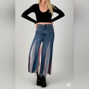 Upcycled Maxi skirt from denim jeans with floral & geo inserts & embellished